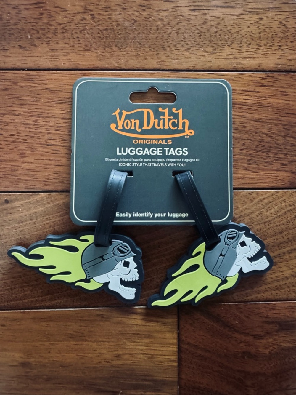 Von Dutch Black & Lime Skull Flame Luggage Tags - Pair